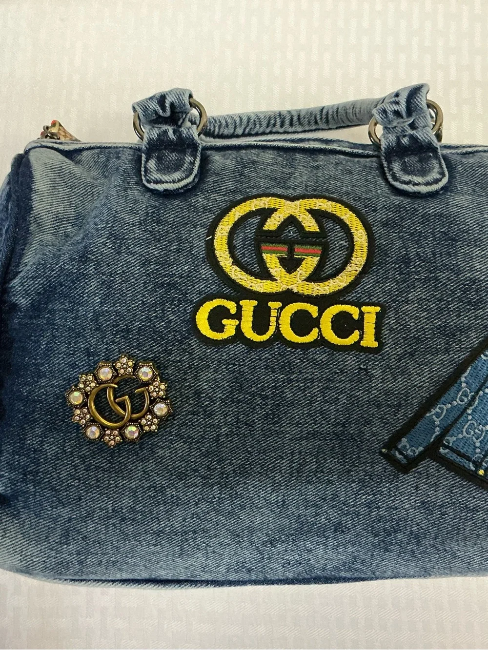 Denim Tote Bag with Embroidered Patches - Blue